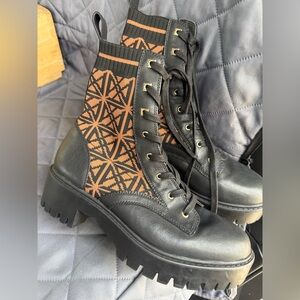 ANTONIO MELANI Black and Brown Knit-Panel Combat Boots